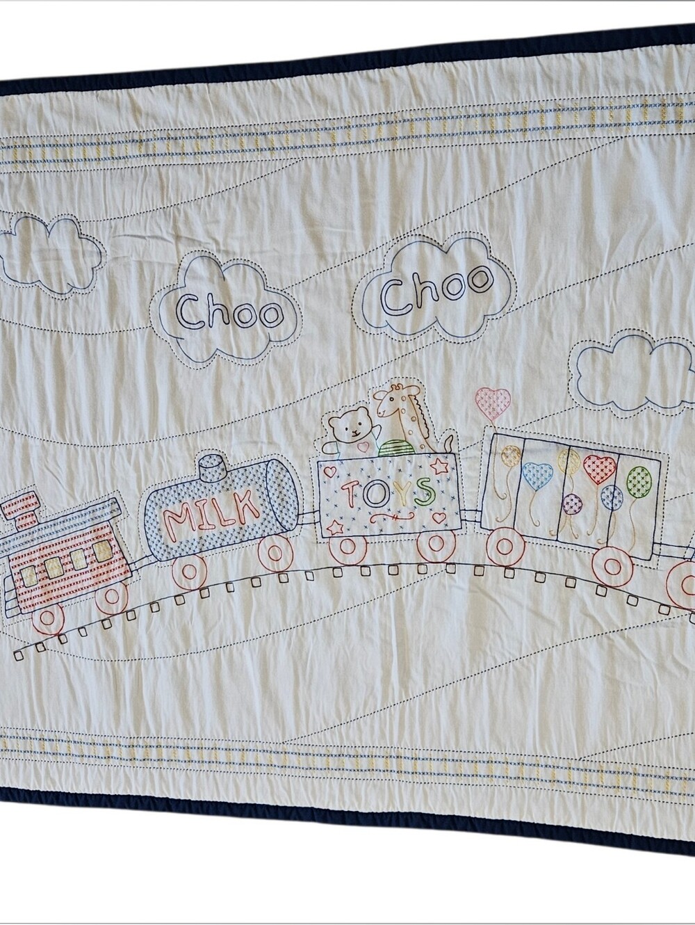 Hand Embroidered Train Baby Quilt, 38x58